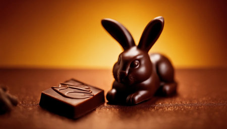 Chocolate bunny and chocolate on a wooden table. Selective focus.の素材
