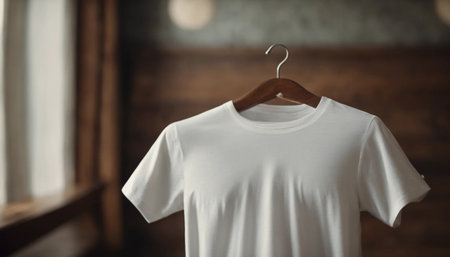 White t-shirt on wooden hanger in room, closeupの素材