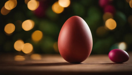 Two easter eggs on wooden table with bokeh background.の素材
