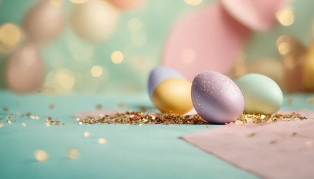 Easter background with pastel colored eggs and golden confetti.の素材