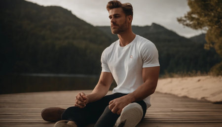 Handsome young man in white t-shirt sitting on wooden pier and meditatingの素材