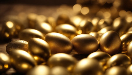 golden easter eggs on wooden background, shallow depth of fieldの素材