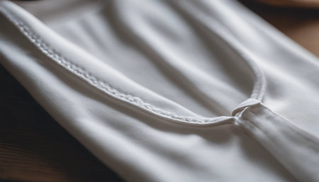 Close-up of white shirt on a wooden table. Soft focus.の素材