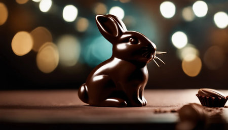 Chocolate Easter bunny and chocolate cake on bokeh background.の素材