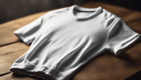 Blank white t-shirt on wooden table. Mockup for designの素材