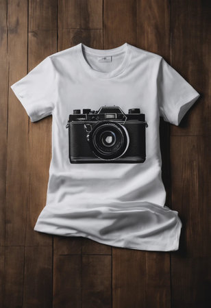 White t-shirt with vintage camera on wooden background, top viewの素材