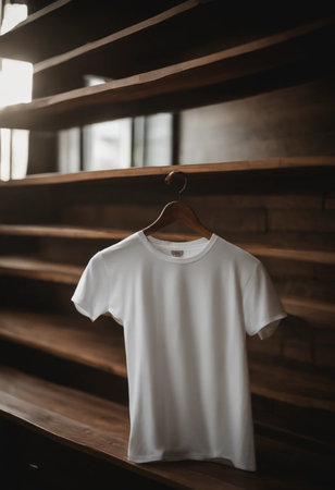 Blank white t-shirt hanging on wooden stairs, stock photoの素材