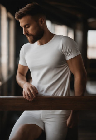 Handsome young man in white t-shirt sitting on wooden bar and looking awayの素材