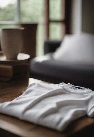 T-shirt on the wooden table in living room, stock photoの素材