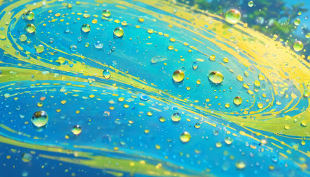 Water drops on a blue and yellow background close-up macro photographyの素材