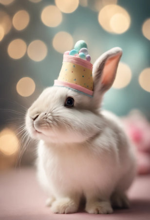 Cute little bunny with birthday hat on bokeh background.の素材
