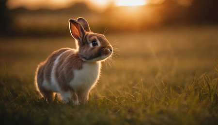 Rabbit in the meadow at sunset. Cute animal.の素材