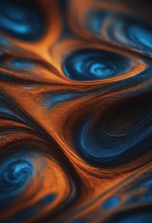 abstract background of blue and orange paint swirls in the waterの素材