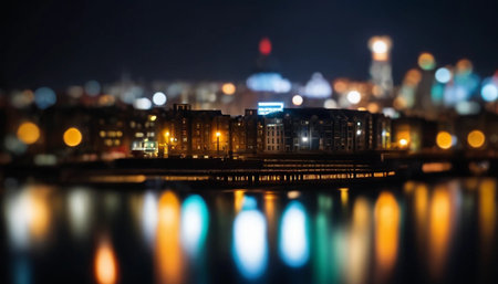 Night view of the city from the bank of the river. Blurred backgroundの素材