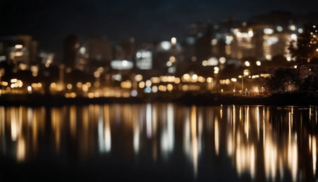 Night city lights reflected in the water of the river, blurred backgroundの素材