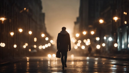 Back view of a young man walking in the city at night.の素材