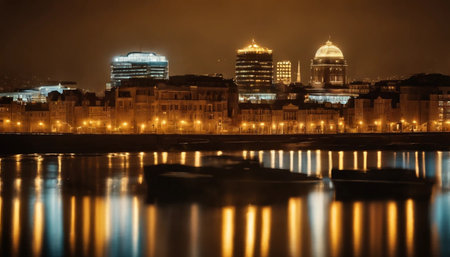 London skyline at night with reflections in Thames river, England, UKの素材
