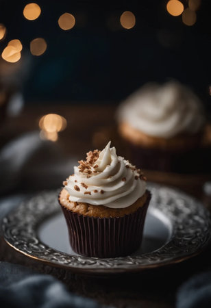 Chocolate cupcakes with whipped cream and chocolate chips on a dark backgroundの素材