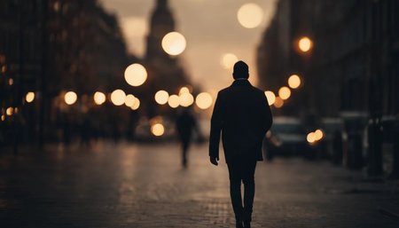 Man walking on the street at night with city lights in the backgroundの素材