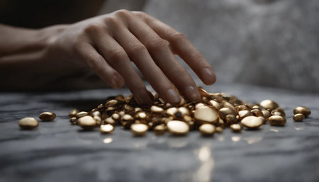 Woman's hands holding golden stones on a marble table. Selective focus.の素材