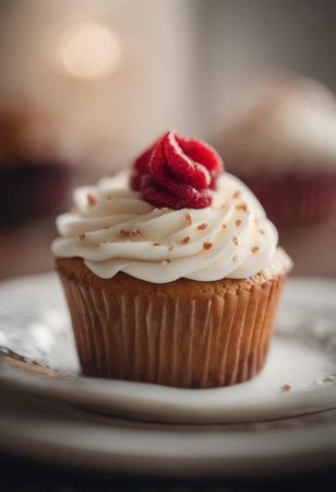 Cupcake with whipped cream and raspberry on a white plate.の素材