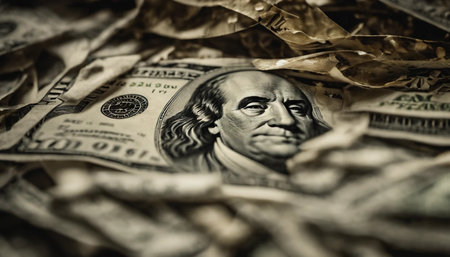 Dollar banknotes and a portrait of Benjamin Franklin. Shallow depth of field. Toned.の素材