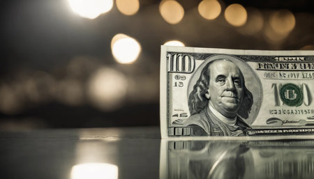 Hundred dollar bill on a wooden table with bokeh backgroundの素材