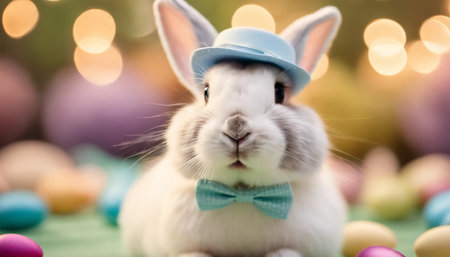 Easter bunny with bow tie and colorful eggs on bokeh backgroundの素材