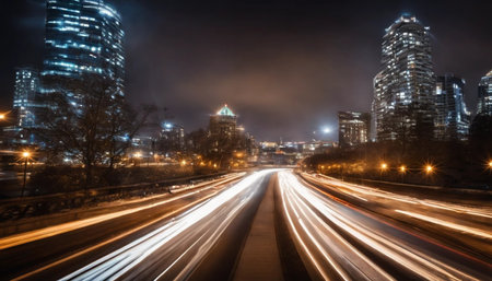 Night traffic in the city. Long exposure photo. Blurred motion.の素材