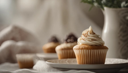 Tasty cupcakes on table, closeup. Space for textの素材