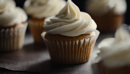 Delicious cupcakes with butter cream on dark background, closeupの素材