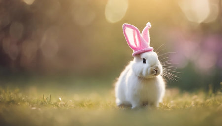 Cute white rabbit with pink bunny ears in the spring garden.の素材