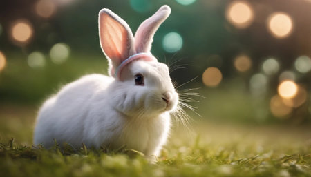 Cute white rabbit on green grass and bokeh background.の素材