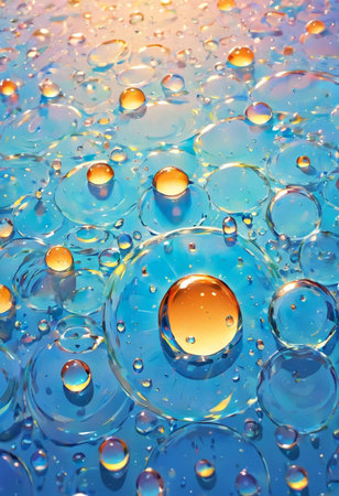 Oil drops on water surface. Abstract background of oil drops on water surfaceの素材