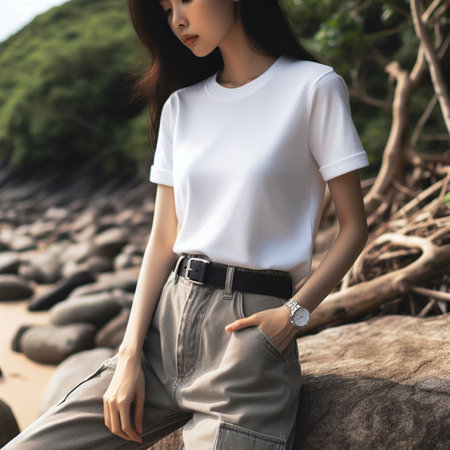 Beautiful asian woman wearing white t-shirt with nature background.の素材