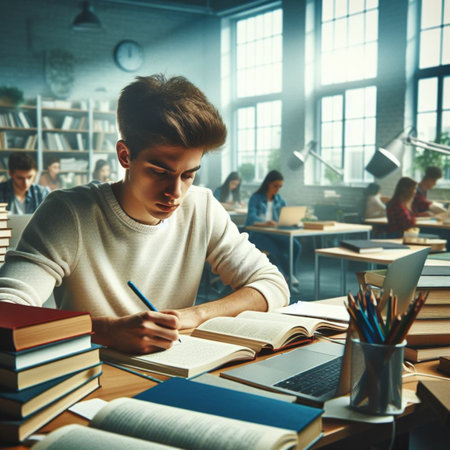 Portrait of a young man studying in the library. Education concept.の素材