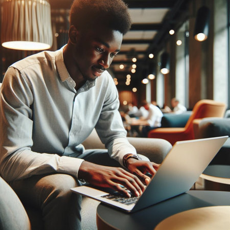 Young african american man using laptop in cafe. Stylish african american male freelancer working on computer.の素材