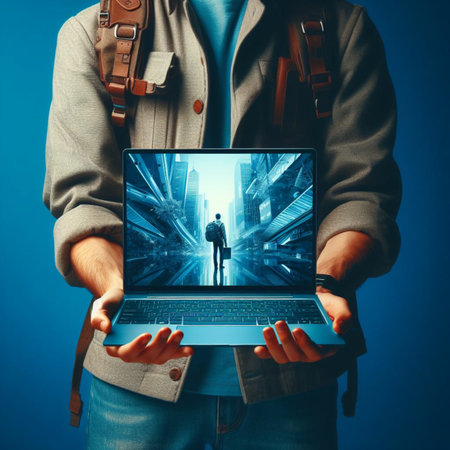 business, technology and people concept - close up of man with laptop computer over blue backgroundの素材