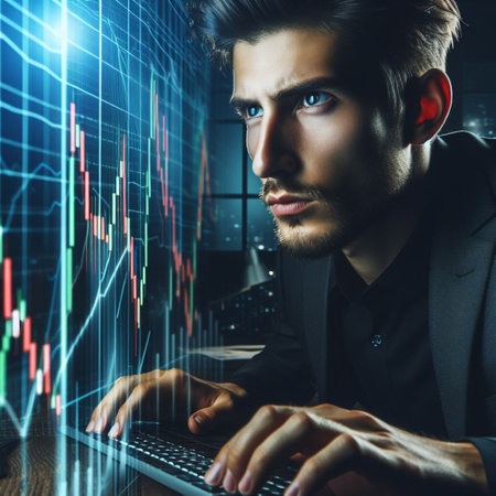 Portrait of handsome young European businessman using laptop and looking at camera. Stock market concept.の素材