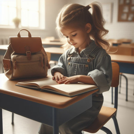 Cute little schoolgirl with backpack and notebook at desk in classroomの素材