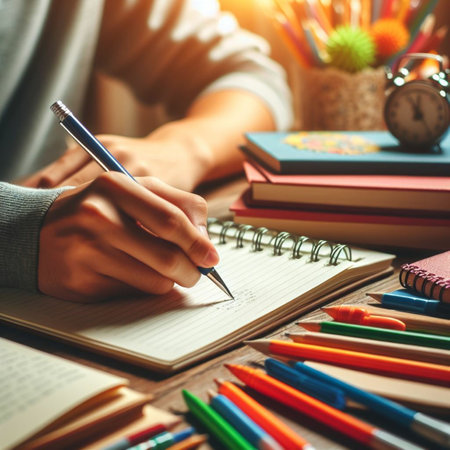 Close-up of male hand writing in notebook on wooden table with school supplies.の素材