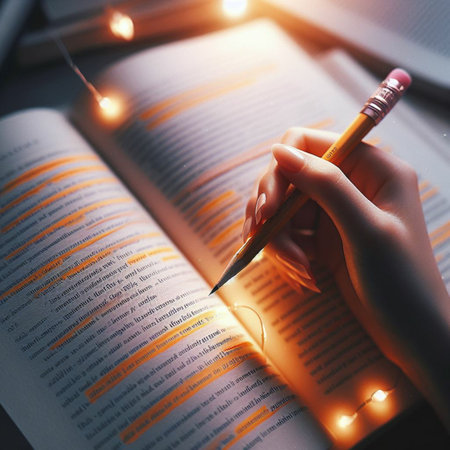 Woman notes writing in a book with a pencil in her hands.の素材