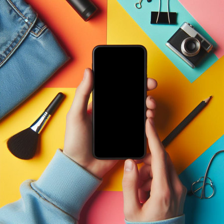 Top view of female hands holding smartphone with blank black screen and accessories on colorful backgroundの素材
