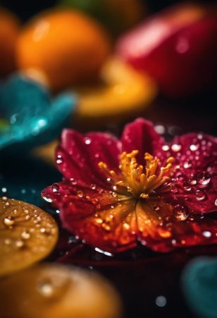 Beautiful water drops on colorful flowers and fruits, close-upの素材