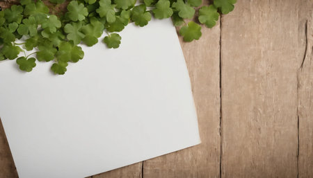 Green clover leaves on wooden background. St.Patrick's Day. Copy space. Beer. Holiday. AI generatedの素材