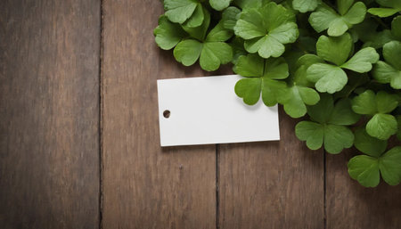 Green clover leaves on wooden background. St.Patrick's Day. Copy space. Beer. Holiday. AI generatedの素材
