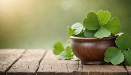 Green clover leaves on wooden background. St.Patrick's Day. Copy space. Beer. Holiday. AI generatedの素材