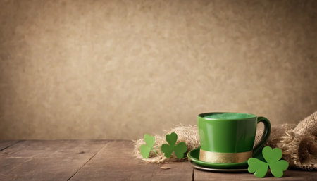 Green clover leaves on wooden background. St.Patrick's Day. Copy space. Beer. Holiday. AI generatedの素材