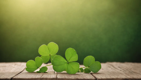 Green clover leaves on wooden background. St.Patrick's Day. Copy space. Beer. Holiday. AI generatedの素材