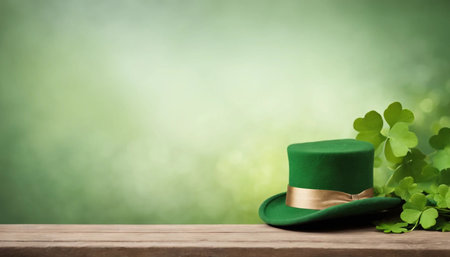 Green clover leaves on wooden background. St.Patrick's Day. Copy space. Beer. Holiday. AI generatedの素材